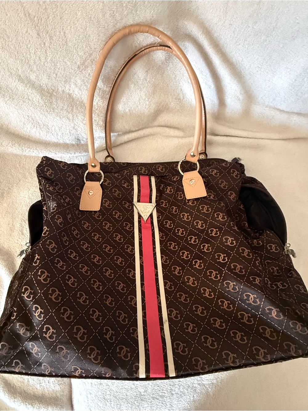 Guess Patterned Brown Large Tote with Pink Accent